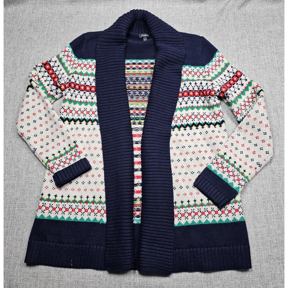 Talbots‎ Sweater Womens Small Navy Fair Isle Open Front Cardigan Shawl Collar